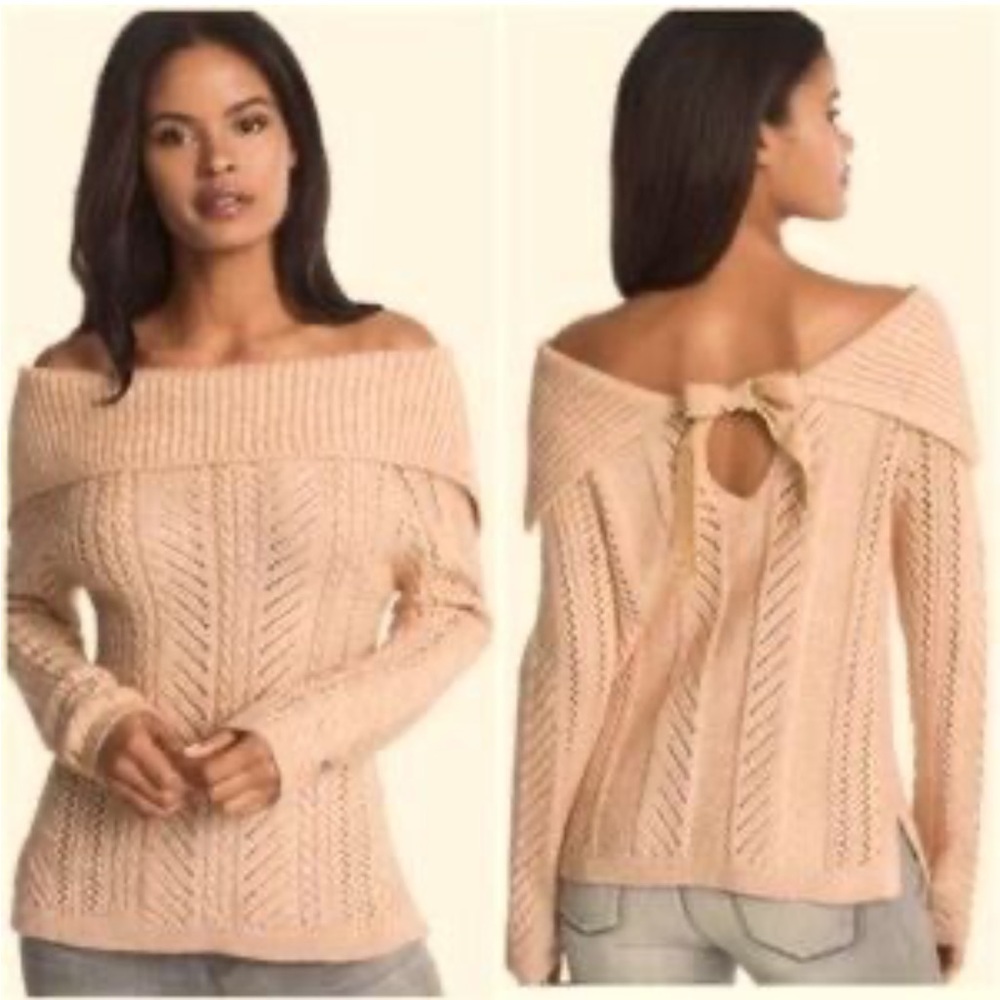 WHBM White House Black Market Cowl Neck Off Shoulder Sweater Back Bow Cream S